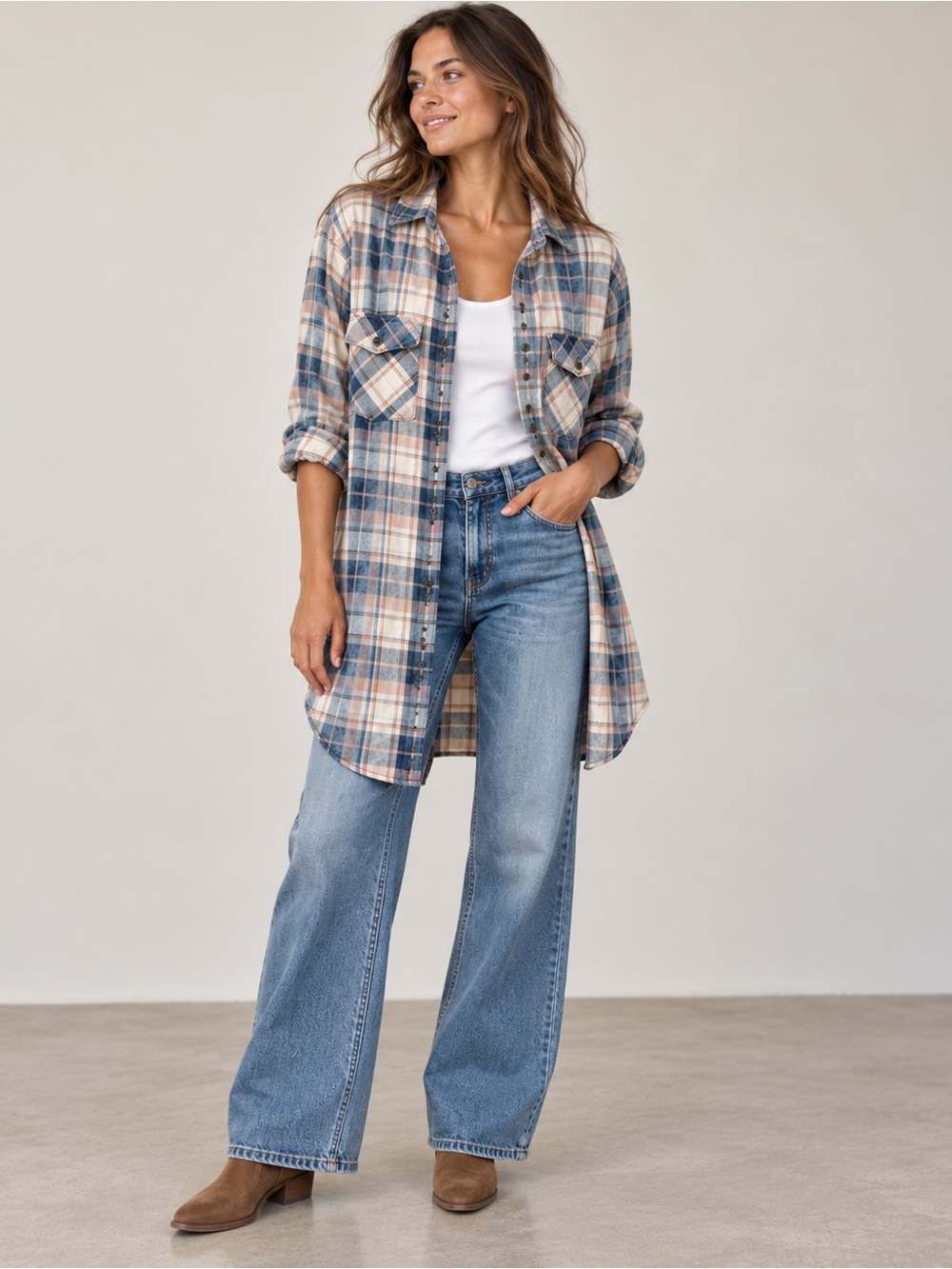 Anthropologie Cloth & Stone Plaid Flannel Shirt Dress Tunic Blue Pink L